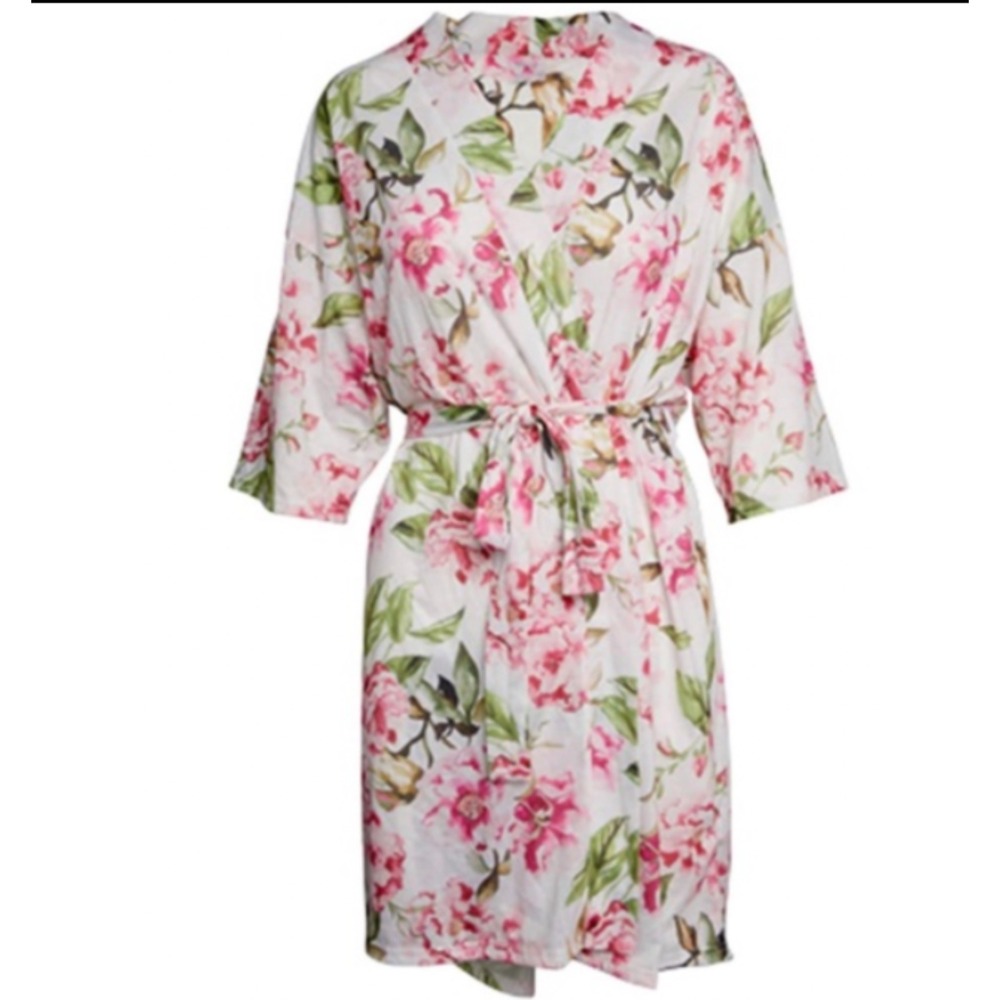 Show Me Your Mumu Floral Robe Womens O/S Pink White Peony Short Sleeve Wrap